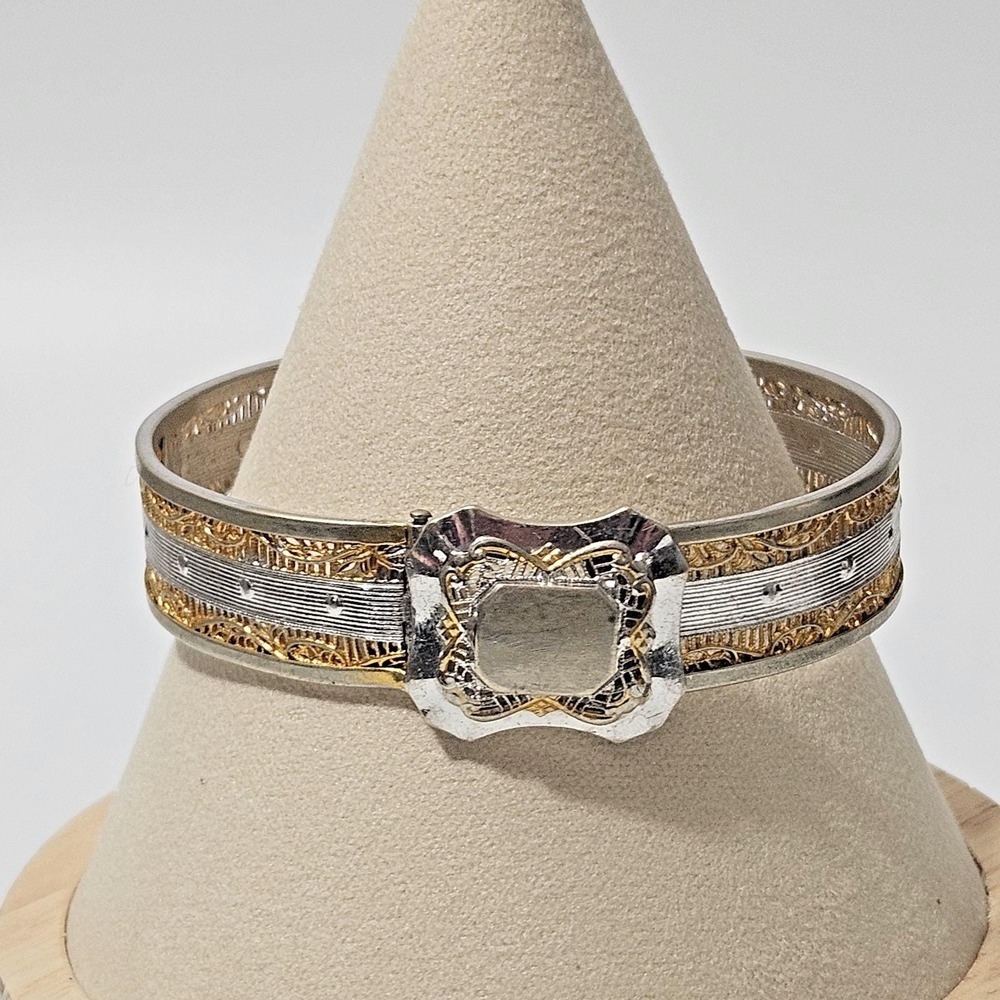 JJ White Art Deco Bracelet Filagree Two Tone Bangle 6.5"